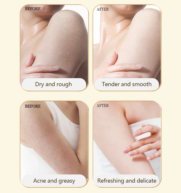 Woman applying luminous glow body massage oil after shower for silky skin