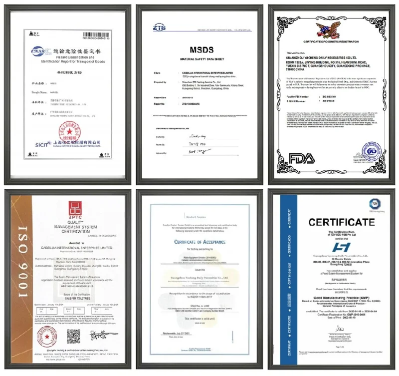 Personal care product quality certification and factory compliance documents