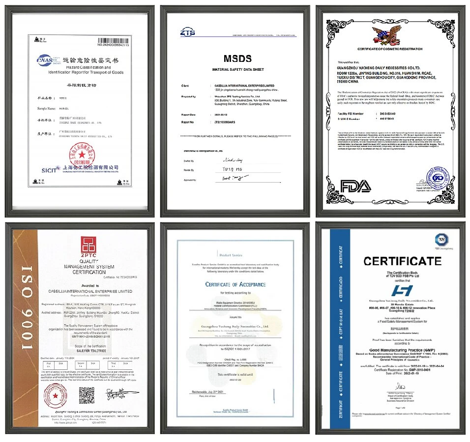 Personal care product quality certification and factory compliance documents