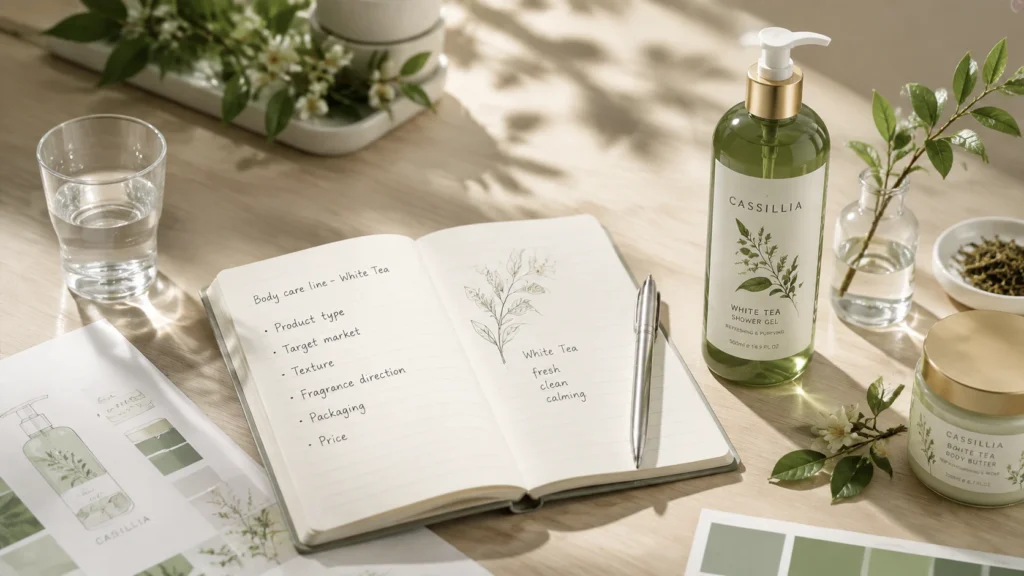 Notebook with product brief checklist next to CASSILLIA bottle and white tea leaves on a desk.
