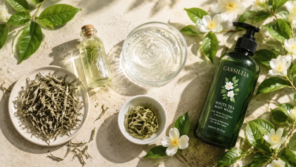 White tea leaves, buds, clear liquid in glass bottle and skincare ingredient samples with CASSILLIA logo.