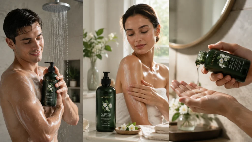 Man using CASSILLIA shower gel, applying body lotion and pouring body oil in bathroom setting.