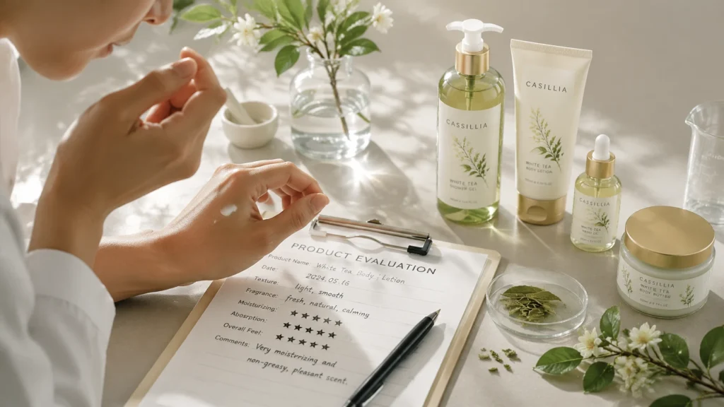 Person testing body lotion texture and fragrance while taking notes, with CASSILLIA sample bottles.