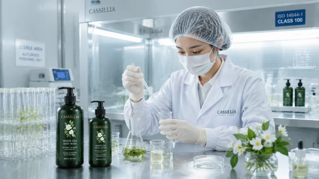 R&D engineer working with skincare formulas in lab, with CASSILLIA bottles and white tea leaves.