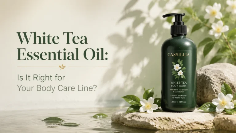 CASSILLIA white tea body care product with white tea leaves and the article title “White Tea Essential Oil: Is It Right for Your Body Care Line?”