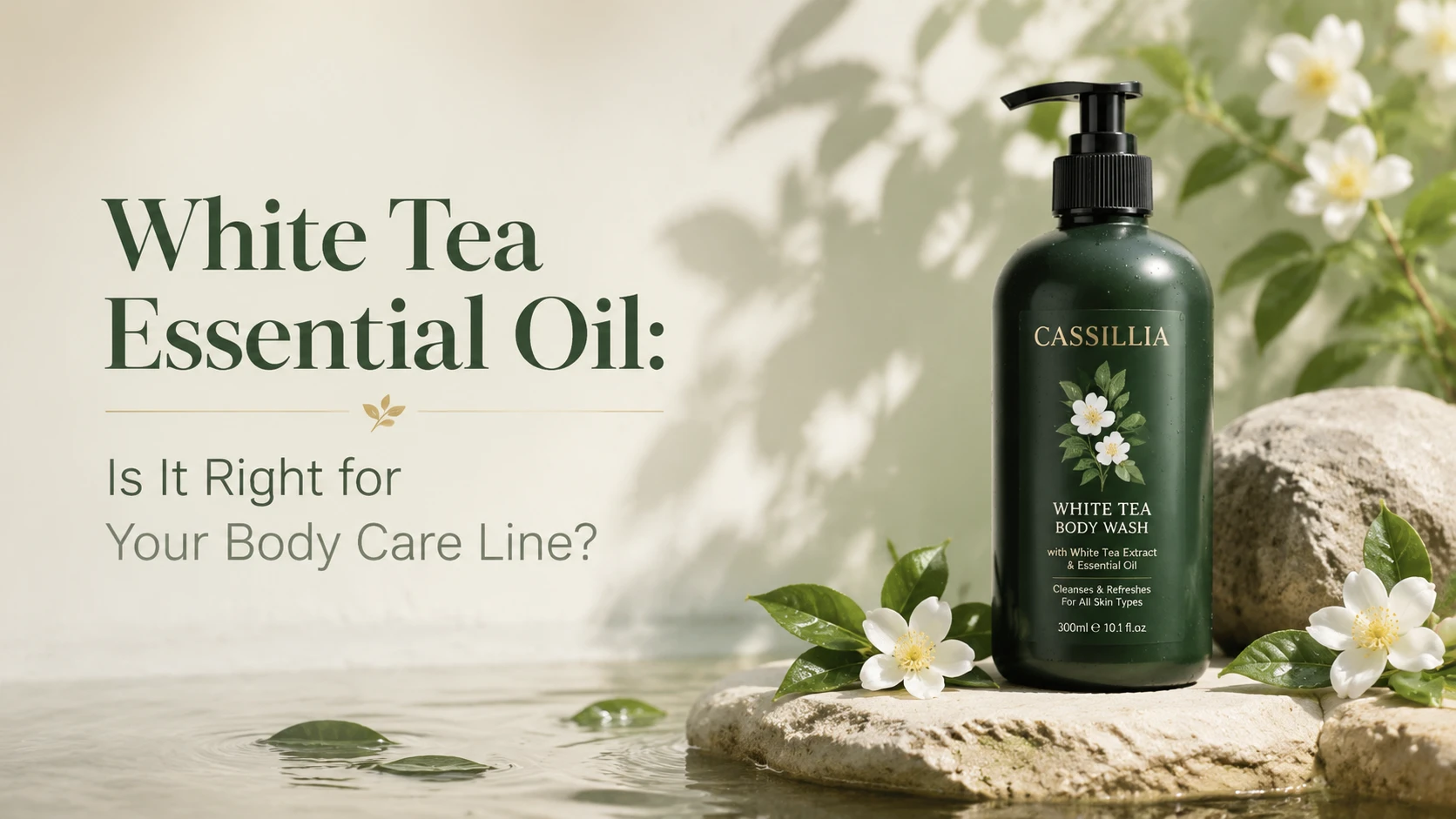 CASSILLIA white tea body care product with white tea leaves and the article title “White Tea Essential Oil: Is It Right for Your Body Care Line?”